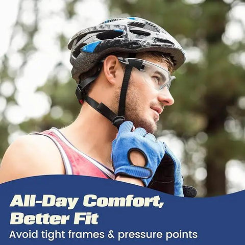 Wraparound Safety Glasses With Anti Fog Shield And Uv400 Guard Built Different For All Day Hustle Top Shelf, worn by a man in cycling gear.