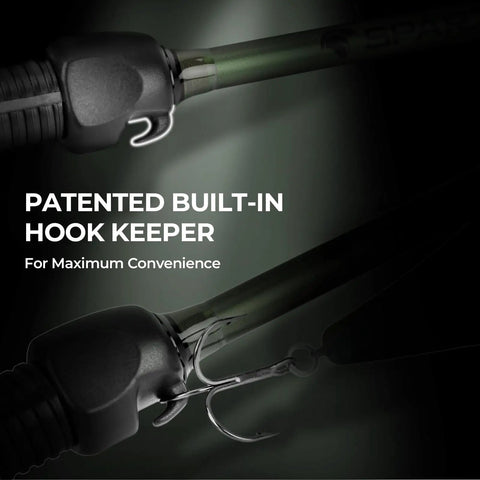 Close-up of Six Foot Eight Inch Medium Heavy Baitcasting Rod And Reel Combo with patented built-in hook keeper detail.