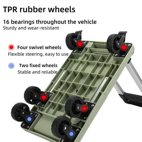 Adjustable Aluminum Folding Dolly With Six Wheels Heavy Duty Portable Hand Truck For Moving Boxes Groceries Luggage And More Includes Elastic Straps For Easy Transport And Rock Solid Stability, green six-wheel base
