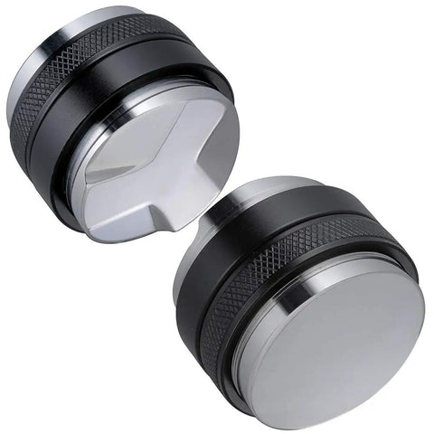 Dual-head 51mm espresso tamper and distributor with adjustable depth, for Delonghi portafilter and home baristas setup.