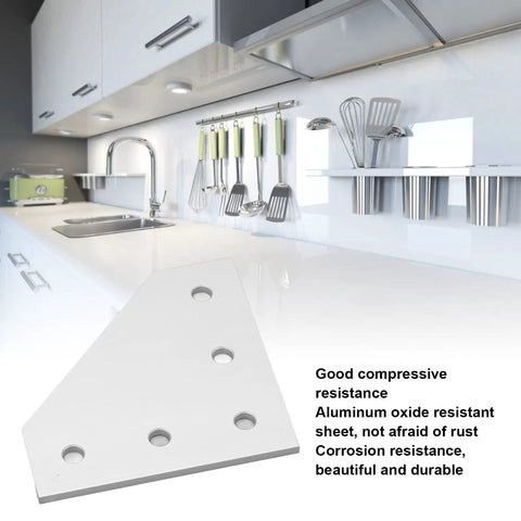Five Piece Flat Tie Plate Aluminum Alloy 5 Hole Mending Plate Bracket shown with kitchen backdrop