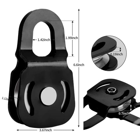Beefy Snatch Block For Winch Recovery, 6 Ton Capacity, 13,000 Lbs Towing Pulley Block, Compact Offroad Accessory For Jeep, Truck, UTV, ATV, Black Steel, dimensions shown