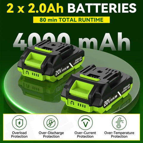 Two 20V 2.0Ah batteries for Ultra Light 20V Cordless Hedge Trimmer With 24 Inch Blade, featuring 80 min runtime, on green platform