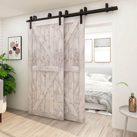 Heavy Duty Bypass Sliding Barn Door Hardware Kit For Low Ceiling Spaces, 12 Foot Double Track System Fits 72 Inch Wide Double Wooden Doors