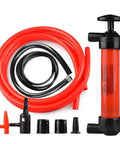 Handy Dual Use Pull Out Cylinder Manual Siphon Pump Portable High Pressure Fluid Transfer Extractor For Car Oil Water Tyre Inflation With Hoses Adapters with red and black hoses, accessories, and pump.