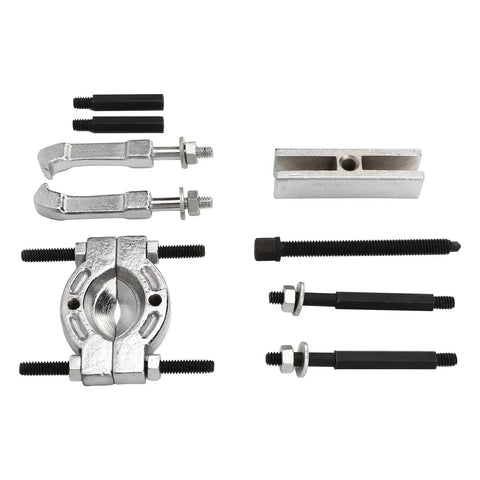 Thinking Process: 9-piece steel bearing splitter puller kit with threaded bolts for removing hubs, bearings, gears, and shafts