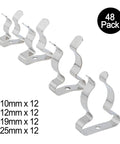 48 Piece Tool Spring Terry Clip Set For Garage And Outdoor Storage Heavy Duty Manganese Steel Clips displayed in various sizes