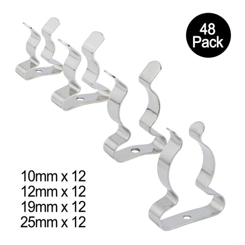 48 Piece Tool Spring Terry Clip Set For Garage And Outdoor Storage Heavy Duty Manganese Steel Clips displayed in various sizes