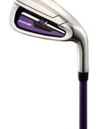 Left Handed Ladies Golf Club Set With Driver Wood Hybrid Irons Putter Graphite Shafts Three Head Covers And Stand Bag Complete All In One Regular Size Purple For Beginners To Intermediate Players, close-up view of purple and silver iron.