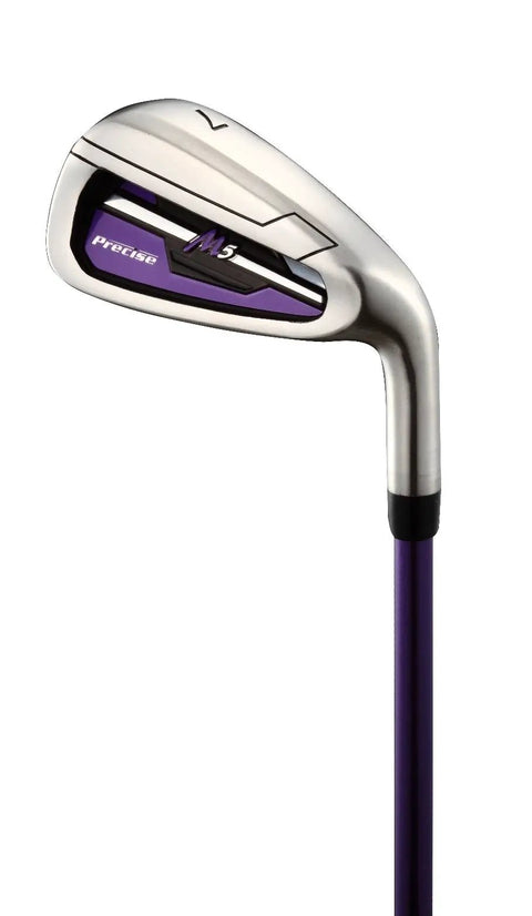 Left Handed Ladies Golf Club Set With Driver Wood Hybrid Irons Putter Graphite Shafts Three Head Covers And Stand Bag Complete All In One Regular Size Purple For Beginners To Intermediate Players, close-up view of purple and silver iron.