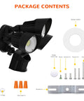Package contents of 4000LM LED Security Flood Light With Motion Sensor For Outdoor Use 40W IP65 includes screws, bracket, cushions.