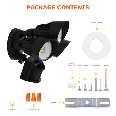Package contents for Beefy Outdoor Motion Sensor Flood Light 4000 Lumens, 40W Equivalent 290W with mounting hardware and components.