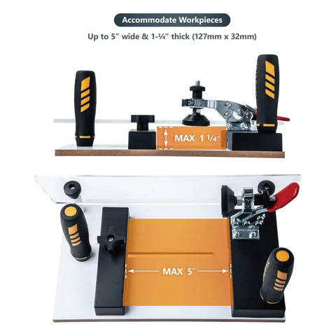 Heavy Duty 24 Inch Router Table Fence System With Rail Coping Sled accommodates workpieces up to 5" wide and 1-1/4" thick.