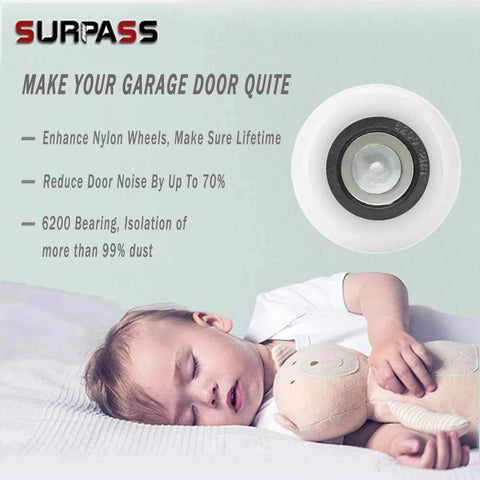 Sleeping child next to garage door roller; Ultra Quiet 2 Inch Nylon Garage Door Rollers With 4 Inch Stem 6200 2RS Bearings Double Seals Dust Guard