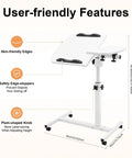 Adjustable Height Rolling Standing Desk With Locked Down Casters And Swivel Surface Lightweight Mobile Laptop Table For Home Office Over Bed No Sweat Assembly Slick White Finish features user-friendly design elements like safety edge-stoppers.