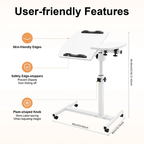 Adjustable Height Rolling Standing Desk With Locked Down Casters And Swivel Surface Lightweight Mobile Laptop Table For Home Office Over Bed No Sweat Assembly Slick White Finish features user-friendly design elements like safety edge-stoppers.