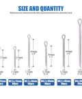 680 Piece Cotter Pin Assortment Kit In 304 Stainless Steel With sizes and quantities for automotive mechanics and small engine repair.
