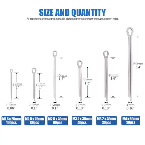 680 Piece Cotter Pin Assortment Kit In 304 Stainless Steel With sizes and quantities for automotive mechanics and small engine repair.