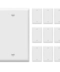 Top Shelf Heavy Duty Blank Wall Plate Outlet Cover One Gang White Polycarbonate Faceplate shown in multiple angles.