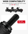 Harley motorcycles with a close-up of 1/4"-20 thread stainless steel skull pattern seat bolt kit with screws and mounts for 1996-2026 models.