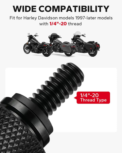 Harley motorcycles with a close-up of 1/4"-20 thread stainless steel skull pattern seat bolt kit with screws and mounts for 1996-2026 models.