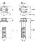 Technical drawing of Titanium Flange Hex Head Bolt M10x60mm Pitch 1.25mm Burnt Blue Grade 5 6AL4V Titanium Alloy Pack Of 4 Heavy Duty Screws.