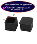 Rubber 1 Inch Square Furniture Leg Caps 12 Pack For Tables And Chairs Durable Floor Protectors For Wood Floors Non Slip 1 X 1 Inch Foot Covers Black Protects Hardwood Floors And Surfaces, shown is a pair of black rubber caps with measurements.