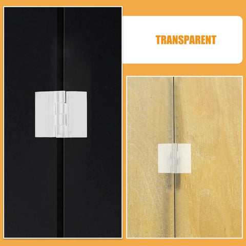 Clear Self Adhesive Folding Hinge Set on black and wood surface, Acrylic 20 Pack With Double Sided Backing for DIY Crafts and Furniture