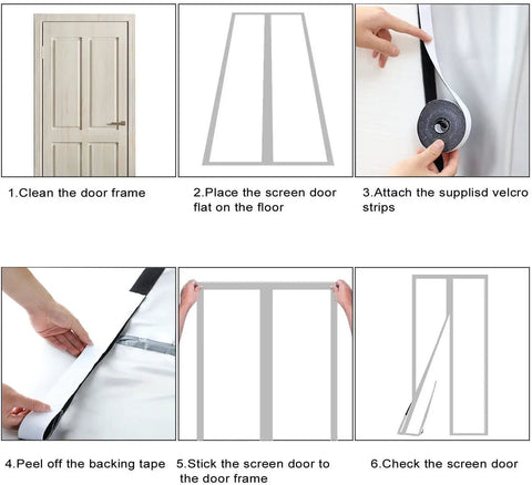 Step-by-step installation of Insulated Door Screen With Full Blackout Thermal Shield, Self-Closing Privacy Curtain for doors up to 36x82 inches.