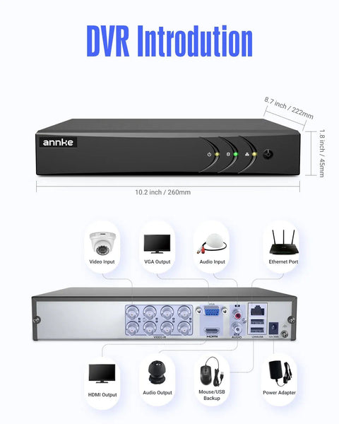 5 In 1 8 Channel Hybrid Security DVR with H265 Plus showing front and rear connections, supports 8 analog cameras and 2 IP cameras.
