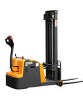 ApolloLift Counterbalanced Electric Pallet Stacker, 2200 Lb Fully Electric Walkie With Upright Walking Function, Max Lift Height 98 Inches side view of forklift with forks.