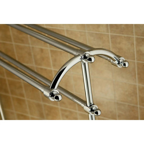 Close-up of top bars and joints on Freestanding Pedestal Towel Rack in Polished Chrome Triple Towel Design Built To Last Durable Brass