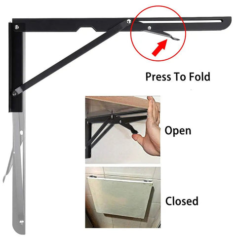 Heavy Duty Folding Shelf Brackets Set Metal Triangle Wall Mounted 2 Pack 16 Inch Black Finish Supports Up To 132 Lb Each Foldaway Design