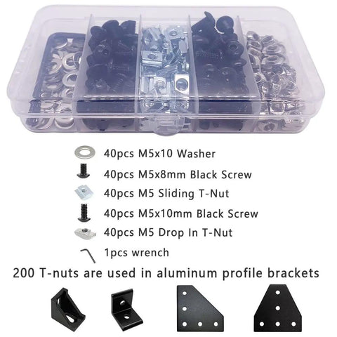 All In One M5 Hardware Kit For 2020 2040 8020 Aluminum Extrusion Profiles 200Pcs Includes M5x8 And M5x10 Socket Screws, T Nuts, Sliding Nuts, Washers And Wrench For Easy 3D Printer CNC Build in a transparent case.