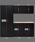 Preassembled Garage Storage Cabinet Set With LED Lights 6 Piece Workshop Organizer In Black And Red Wood Worktop