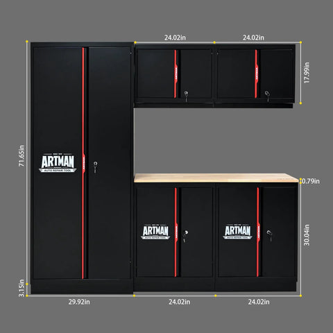 Preassembled Garage Storage Cabinet Set With LED Lights 6 Piece Workshop Organizer In Black And Red Wood Worktop