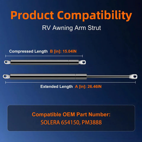 Top Notch Rv Awning Gas Strut 26 4 Inch 125 Lb Camper Lift Support Built Tough with compressed and extended length details.