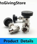Front view of stainless steel G female needle valve with knurled black knob and fittings for water, gas or oil