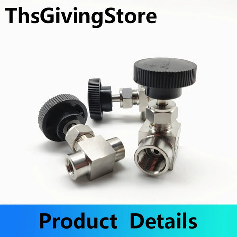Front view of stainless steel G female needle valve with knurled black knob and fittings for water, gas or oil