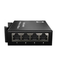 Multimode Fiber Media Converter And Gigabit Switch with RJ45 ports visible, compact 26mm form, DIN rail mountable