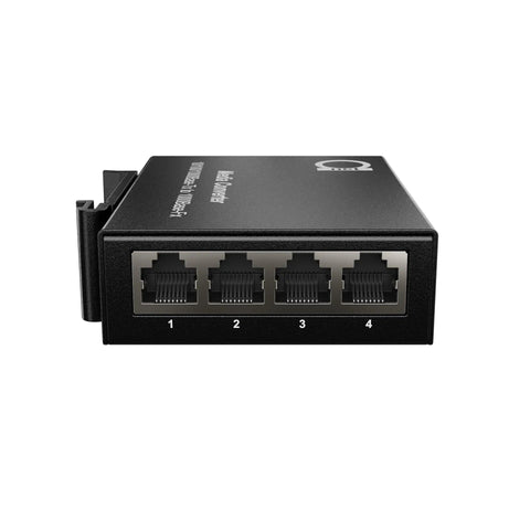 Multimode Fiber Media Converter And Gigabit Switch with RJ45 ports visible, compact 26mm form, DIN rail mountable