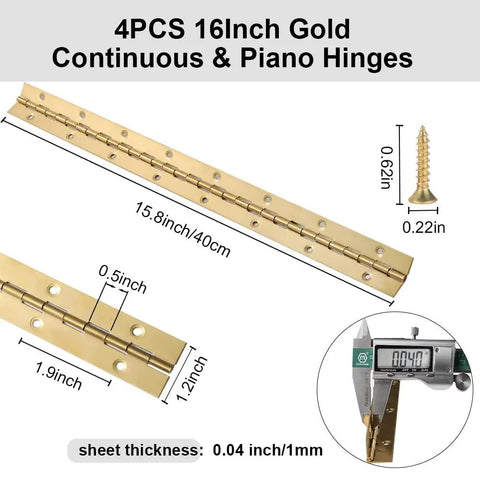 4PCS 16 Inch Gold Stainless Steel Piano Hinges 4 Pack measuring 15.8in x 1.2in for cabinet hardware and woodworking projects.