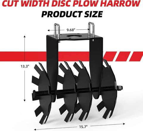 32 Inch Tow Behind Disc Plow Harrow For ATV UTV With Universal 2 Inch Hitch showing dimensions and steel construction.
