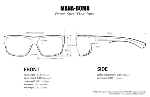 Specifications for Tough As Nails Safety Sunglasses For Men With 2 Tone Smoke Crystal Frame And Red Mirror Polycarbonate Lenses Foam Lined Non Slip Fit ANSI Z87 Plus Compliant Lightweight Wraparound Eye Protection For Outdoor Work And Adventure, showing frame dimensions and angles.