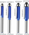 Four Piece Flush Trim Router Bit Set With One Quarter Inch Shank And Top Bearing Includes Cutting Diameters One Quarter Five Sixteenths Three Eighths And One Half Inch Industrial Carbide Cutters For Smooth Finishing On Solid Wood MDF Plywood And More