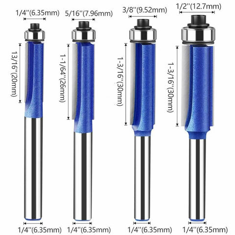 Four Piece Flush Trim Router Bit Set With One Quarter Inch Shank And Top Bearing Includes Cutting Diameters One Quarter Five Sixteenths Three Eighths And One Half Inch Industrial Carbide Cutters For Smooth Finishing On Solid Wood MDF Plywood And More