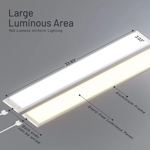 Large luminous area of Under Cabinet LED Kitchen Light 24 Inch Plug In Linkable Fixture With 12W 960 Lumens Stepless Dimmable Five Color Modes 3000K To 5000K Ultra Thin 0.31 Inch ETL Listed Easy Install showing dimensions and features.