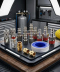 Super Quick Connect Air Coupler Kit For Compressor Tools With Premium Brass And Steel Pneumatic Fitting Set In 1/4 Inch NPT Size For Garage Auto Shop Use To Maximize Workflow Efficiency Today. Brass and steel 19-piece air coupler set on display tray