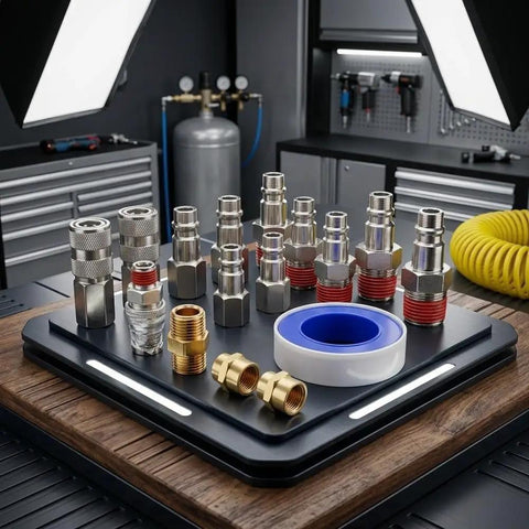 Super Quick Connect Air Coupler Kit For Compressor Tools With Premium Brass And Steel Pneumatic Fitting Set In 1/4 Inch NPT Size For Garage Auto Shop Use To Maximize Workflow Efficiency Today. Brass and steel 19-piece air coupler set on display tray