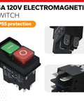 Front view of 120V electromagnetic push-button switch with green I and red O buttons on black housing